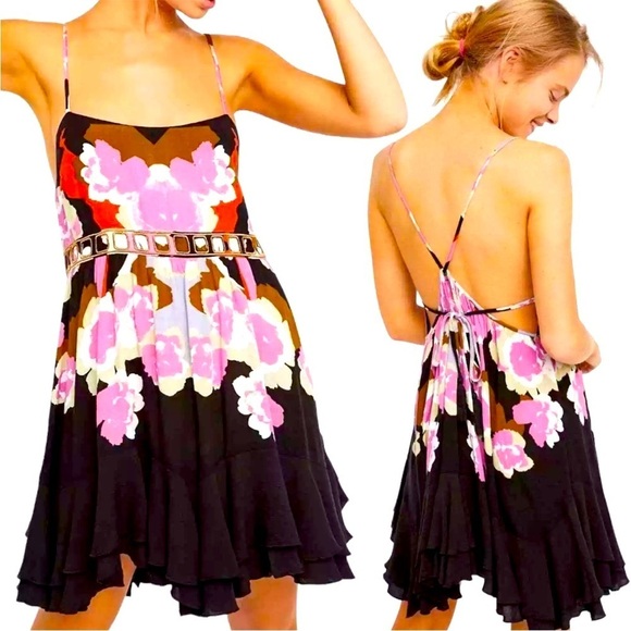 Intimately Free People Womens Sweet Lucy Floral Strappy Slip Dress in Black - Picture 1 of 13